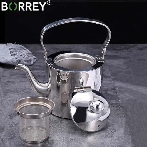 BORREY 1.5L/2L Stainless Steel Teapot Tea Infuser Pot Induction Cooker Kettle Outdoor Camping Kettle Silver Teapot With Filter
