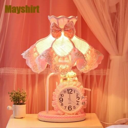 European Children Room Table Lamps Modern Girl Princess Pink Light Fixture Cute Bedside Lamp Bedroom Desk Lamp with Alarm Clock