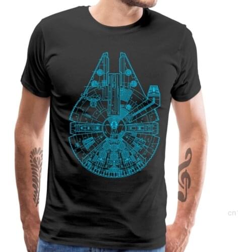 Gift T Shirt Men Millenium Falcon Blueprint Tshirt 100% Cotton Father Day Tees Retro Geometric Spaceship Print Clothes