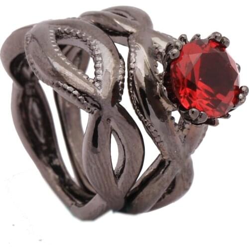 Hainon Female Red Round Ring Fashion Black Gold Color Filled Jewelry Vintage Wedding Rings sets For Women Birthday Stone Gifts