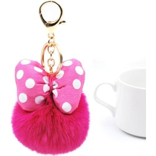 Cute Girls Fluffy Rabbit Fur Ball Pom Pom Bowknot Keychain For Women Pompon Key Ring On Bag Car Trinket Jewelry Wedding Gift