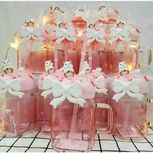 Cute Star Daddy New Pink Flower Sakura Mason Glass Straw Cup Bowknot Cat Petal Girl Water Cup Tumbler Cup with Straw Coffee Mugs