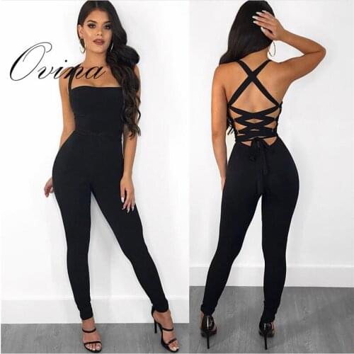 New Arrival Black Strap Sleeveless Skinny Cross Lace Up Back Women Rompers Bandage Jumpsuit