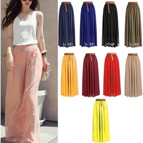 New Fashion Wholesale Women Chiffon Long Skirts Candy Color Pleated Maxi Free Size