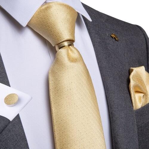 New Designer Mens Neckite Yellow Solid Silk Wedding Tie For Men Bussiness Party Hanky Cufflinks Ring Tie Set DiBanGu JZ02-7024