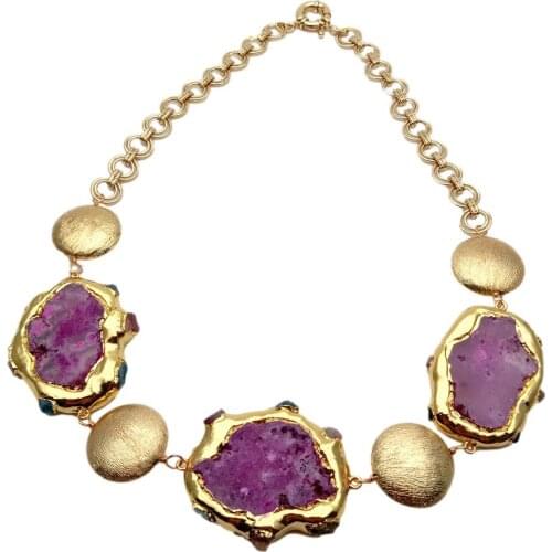 YYGEM 45x53mm Fuchsia Agate Slice Gold Plated Brushed Coin Bead Chain Necklace 24"
