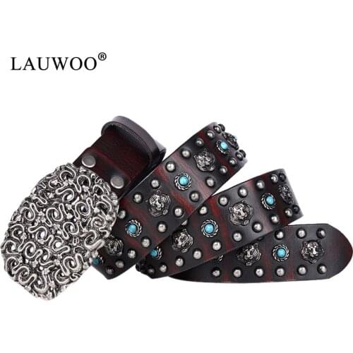 LAUWOO Punk Men Belt Genuine Leather Belt Male Cowboy Rock Rivet Black Strap Ceinture Homme Riem Jeans Studded Western Belt