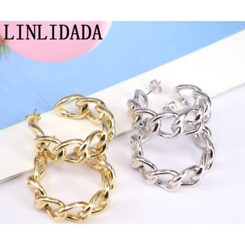 4Pairs 32mm New Rock Punk Hip Hop Style Link Chain Earrings Gold Silver Color Stud Earrings