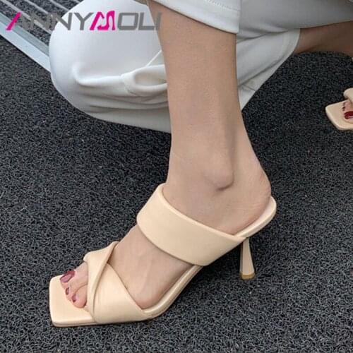 ANNYMPLI Slippers Shoes Women Real Leather Sandals Square Toe Stiletto Slides High Heel Sheep Skin Lady Footwear Summer Black 40