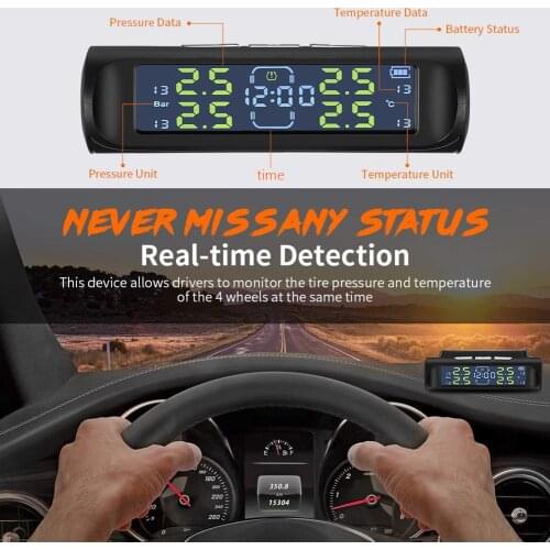 AN-01D 2 in 1 Car Clock LCD Display Solar TPMS Auto Tyre Pressure Temperature Monitoring Alarm System with 4 Sensors 0-3.5Bar