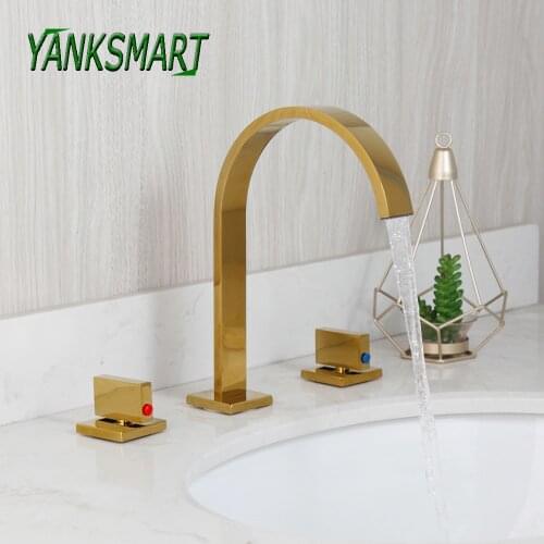 YANKSMART Gold Polished Bathtub Faucet 3 Pcs Basin Sink Deck Mounted Bathroom Faucet Hot And Cold Mixer Water Tap Washbasin Taps