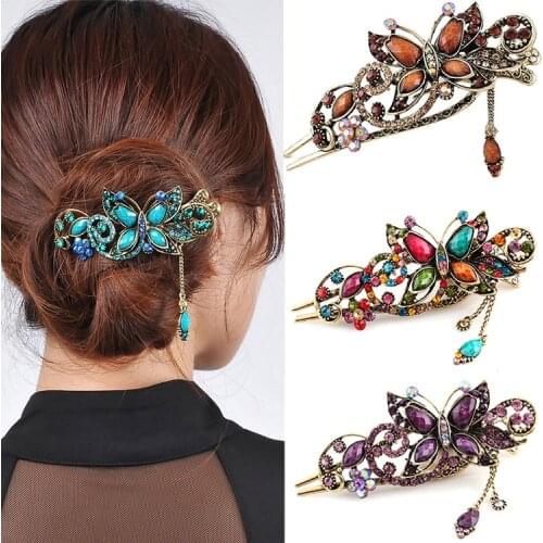 Classic Retro Ethnic Style Crystal Hair Pins Bridal Headwear Rhinestone Butterfly Hair Clips Women Hair Accessories Jewelry
