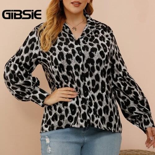 GIBSIE Leopard Print Lantern Long Sleeve Shirt Women Autumn Office Casual Fashion Tops Female Button Up Shirts Plus Size 2021