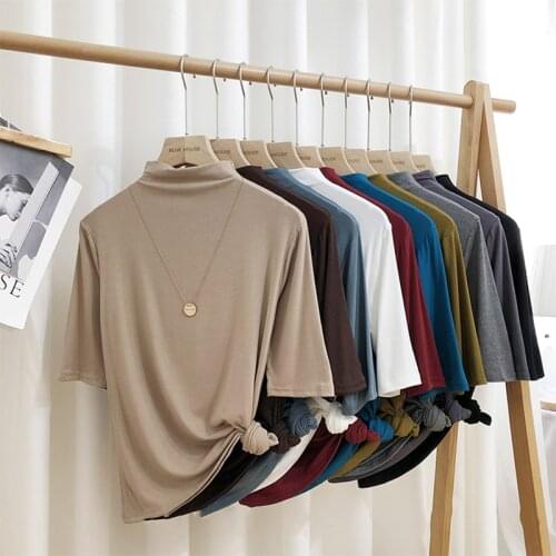 Fashion elegant Spring and Summer women turtleneck half sleeve Knitted Modal Cotton blouse tops M-8XL plus size Autunm shirts