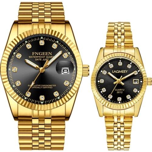 Gold Silver Diamond Dial Couple Watch for Lover Gift Men Watch Women Watches Luxury Steel Waterproof Calendar Couple Bracelet