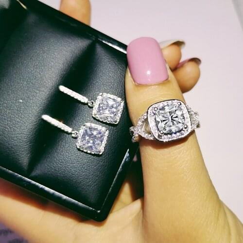 2pcs Pack 925 Sterling Silver Jewelry set halo Engagement ring round stud earring for Wedding christmas gift party J4937