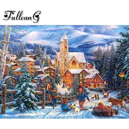 FULLCANG winter town scenery diy 5d mosaic diamond painting full square round drill rhinestone embroidery sale home decor FC3255