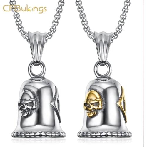 CFBulongs Lucky Gold Color 1% Motorcyclist Stainless Steel Skull Mens Necklace Retro Bell Pendant Fashion Jewelry