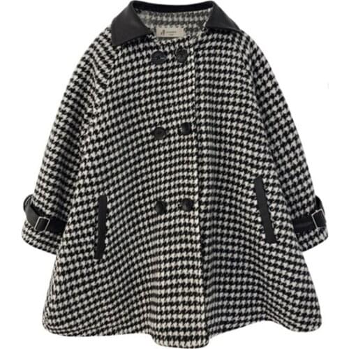 DFXD New Arrival 2020 Winter Kids Girl Overcoat Fashion Long Thicken Double-breasted Houndstooth Wool Coat 2-8Yrs Girls Outwear