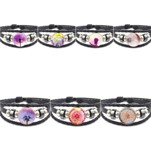 EJ Glaze For Women Party Gift Dandelion Cheap Fashion Jewelry With Glass Cabochon Black Leather Bracelet Bangle