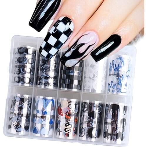 10 Roll /Set Checkerboard Nail Foils Stickers Adhesive Transfer Paper Moon Flame Slider Decal Manicures DIY Decoration LAFB2122