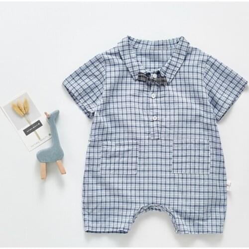 Ins Hot Sale Baby Boys Plaid Short Sleeve Romper