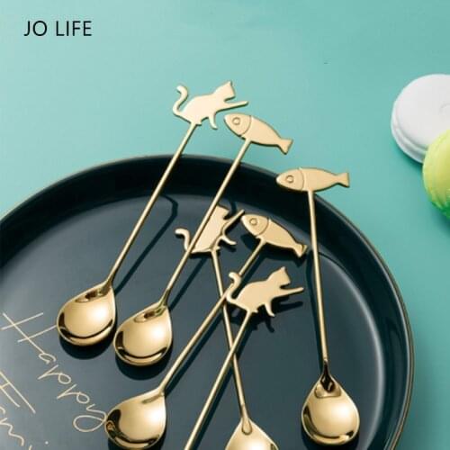 JO LIFE 2pcs/set Gold Cat and Fish Dessert Tableware Adorable Cutlery Cartoon Stainless Steel Coffee Spoon Set