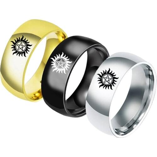 Supernatural Stainless Steel Rings for Men women Punk Pentagram Sun star satan Ring Fashion Gold Black Sliver Color finger ring