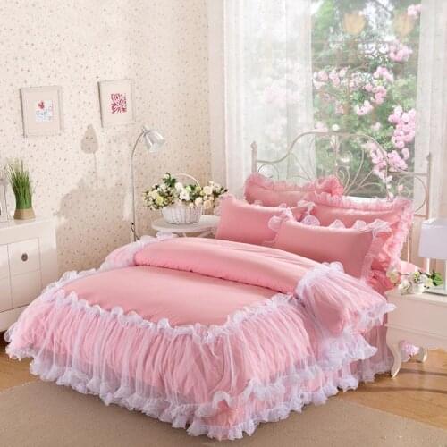 Korean Lace Bedding sets Cotton Queen King Size 4pcs Pink Princess Bedspread Sheet Wedding Duvet cover Bed skirt Pillowcases