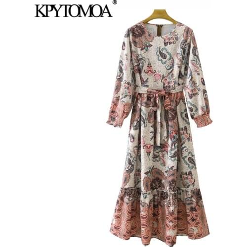 KPYTOMOA Women 2021 Fashion With Belt Paisley Print Ruffled Midi Dress Vintage O Neck Long Sleeve Female Dresses Vestidos Mujer