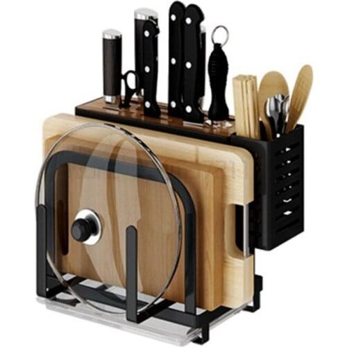 Kitchen Storage Rack Cutting Board Holder Storage Multi-Functional Stainless Steel Knife Spoon Shovel Chopping Board Shelf Black