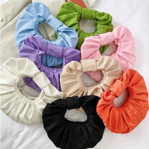 Fashion Womens Bag PU Leather Round Pleated Shoulder Underarm Bags for Women Casual Ladies Solid Color Shopper Handbags Purse