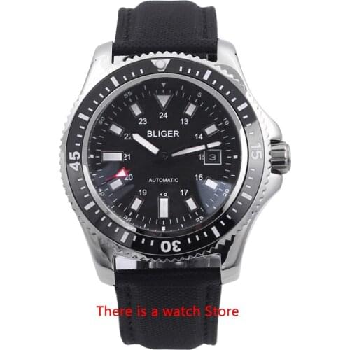 Bliger 44mm Automatic Mechanical Watch Men Black Dial Luxury Brand Luminous Waterproof Leather Strap Calendar Wristwatch Men
