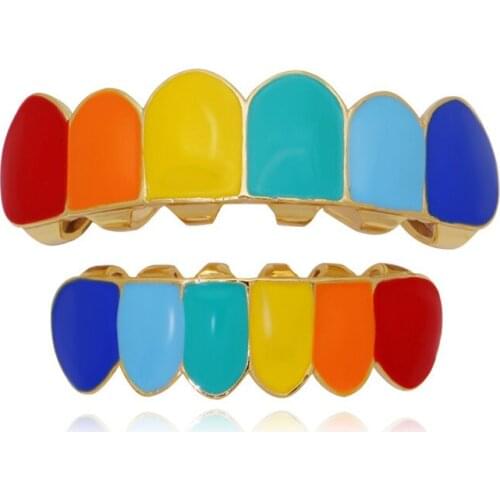 OMYFUN Hiphop Teeth Grillz Set Gold Color Tooth Grillz Rappers' Fashion Top & Bottom Enamel Teeth Cap Rainbow Dental Grills