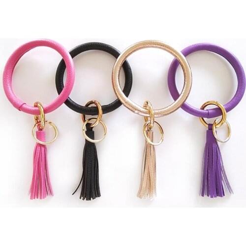 ZG Rainbery 2019 New Monogram PU Leather O Key Chain Custom Circle Tassel Wristlet Keychain Wholesale For Women Girls