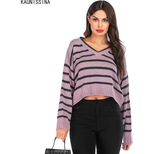 Autumn Pullover V-neck Striped Loose V-Neck Sweater Spring Womens European American Style Sexy Short Sweater