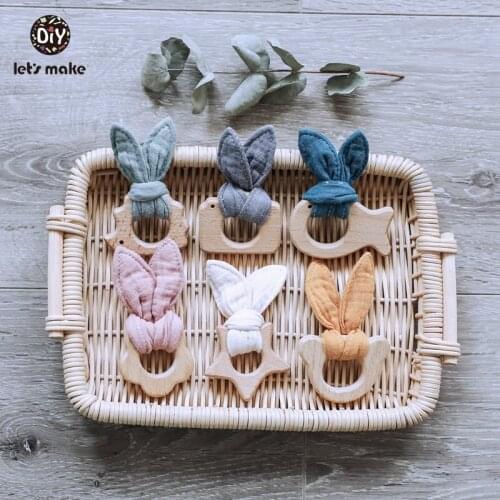 Lets Make 10pc Cotton Bunny Ear Bpa Free Beech Wooden Rodent Teether Star Tortoise Bear Shape Food Grade Wood Teething Toys