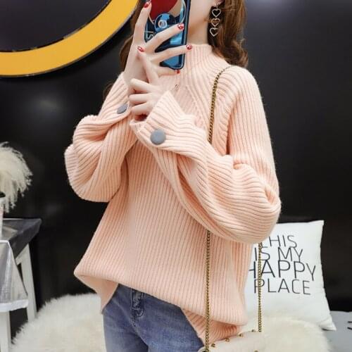 Half Turtleneck Loose Button Decoration Female Long-sleeve Solid Sweater Pullover Women Autumn Jersey Mujer Knitted Cropped Tops