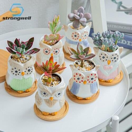 Strongwell Ceramic Flower Pot Mini Bonsai Desktop Decoration Miniature Model Home Office Decoration Ornament Planter Cute Owl