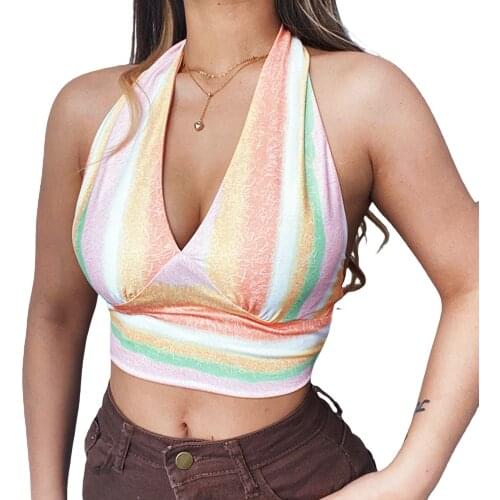 Women Sexy Backless Bandage Tank Top Sleeveless Multicolor Striped Halter Crop Top Holiday Girls Casual Camisole Tops Streetwear