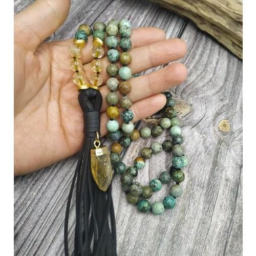 YA4084 Citrine Leather Pendant Stone Beads Knot Handmade Necklace