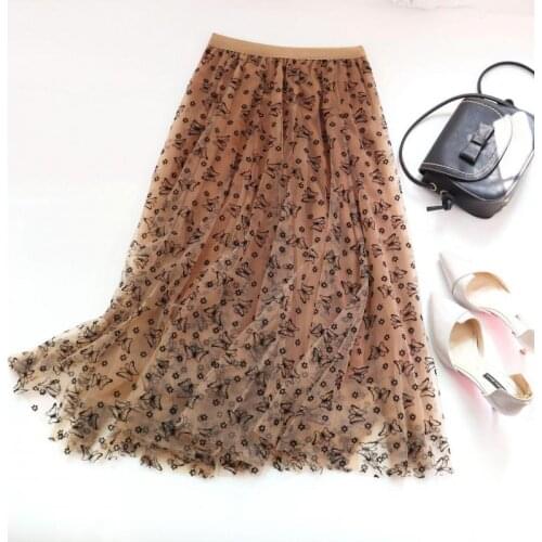 Butterfly Flocking Mesh Skirts Women Vintage Embroidery Mid Skirt For Womens New Slim Drape Yarn Fairy Long Skirt Femme