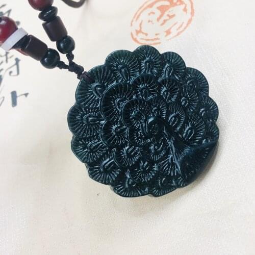 Jewelry Pure Natural Black Jade Carved Round Peacock Pendant Necklace Jewelry for Men and Women Send Certificate