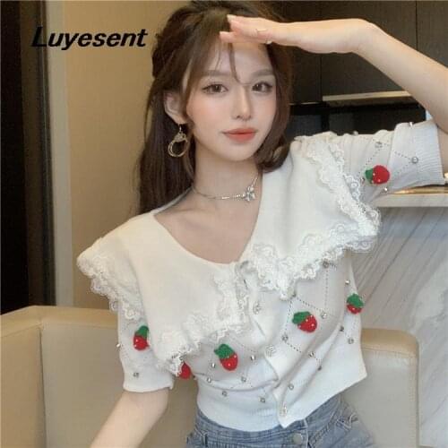 Kawaii Girl White Knit Cardigan Sweater Peter Pan Collar Lady Crystle Sweet Strawberry Short Sleeve Tops Korean Fashion Clothes