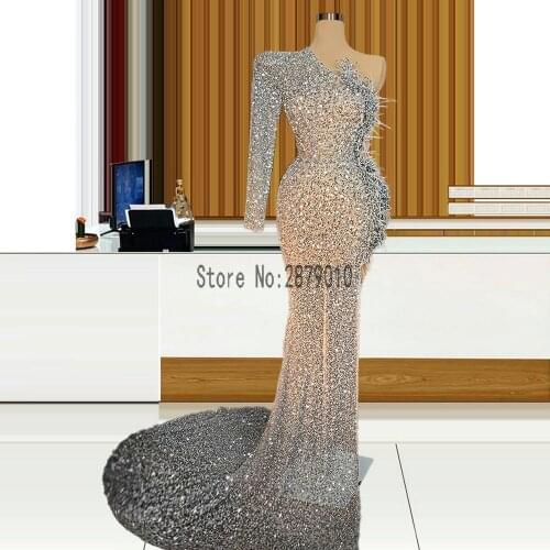 One Shulder Silver Mermaid Evening Dresses Muslim Middle East Single Long Sleeve Feathers Evening Gowns Formal Dress