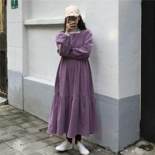 Women Spring Square Collar Corduroy Loose Purple Long Dress Long Sleeve Pullover Vintage Out Wear Maxi Dresses