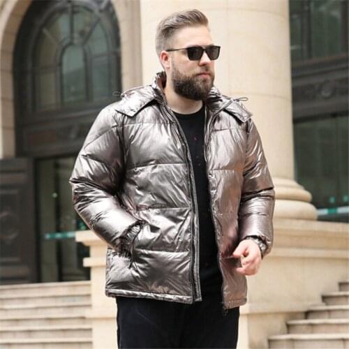 Color: Black Silver Winter Mens Large size Collar Thick Short section Bright Coat 2019 New Mens Detachable Hooded jacket