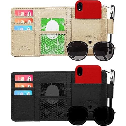 2PCS Multifunctional Leather Car Sun Visor Pen Card Sunglasses Holder CD DVD Organizer Storage Box With Zipper Stowing Tidying
