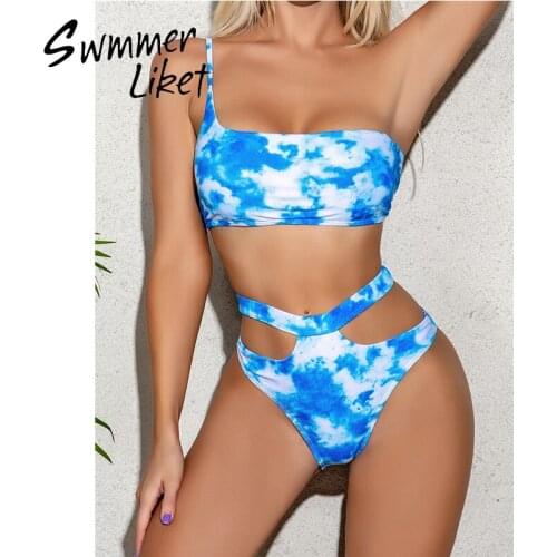 One shoulder bikinis 2020 mujer Bandeau swimsuit women Sexy bikini High waist swimwear female Hollow out bathing suit beach wear