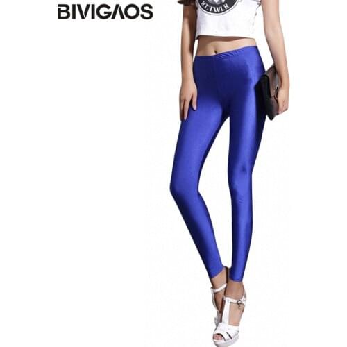 BIVIGAOS Fluorescent Color Leggings Pants Womens Ice Silk Spandex Elastic Leggings Multicolor Shiny Glossy Leggings For Women